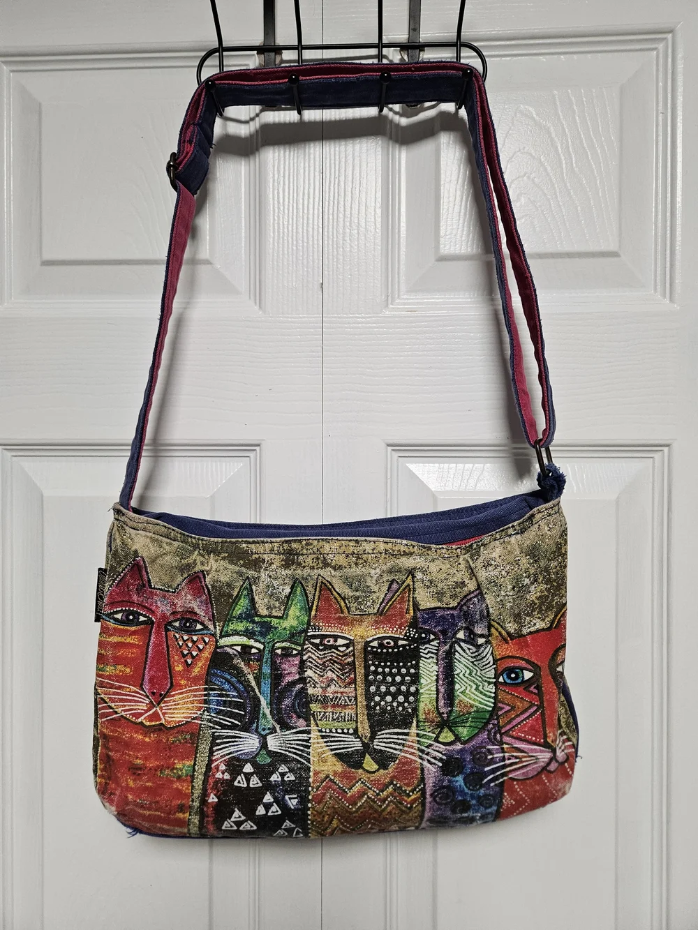 Laurel Burch Multicolor Cat Print Signed Artwork Crossbody Purse Distress 14x9x3